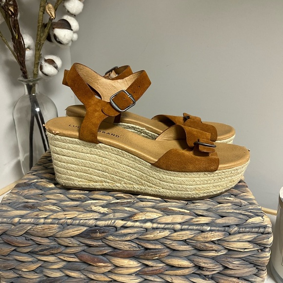 Lucky Brand Neveah Brown Leather Espadrille Strappy Buckle Wedge Size 9.5 - Picture 10 of 16